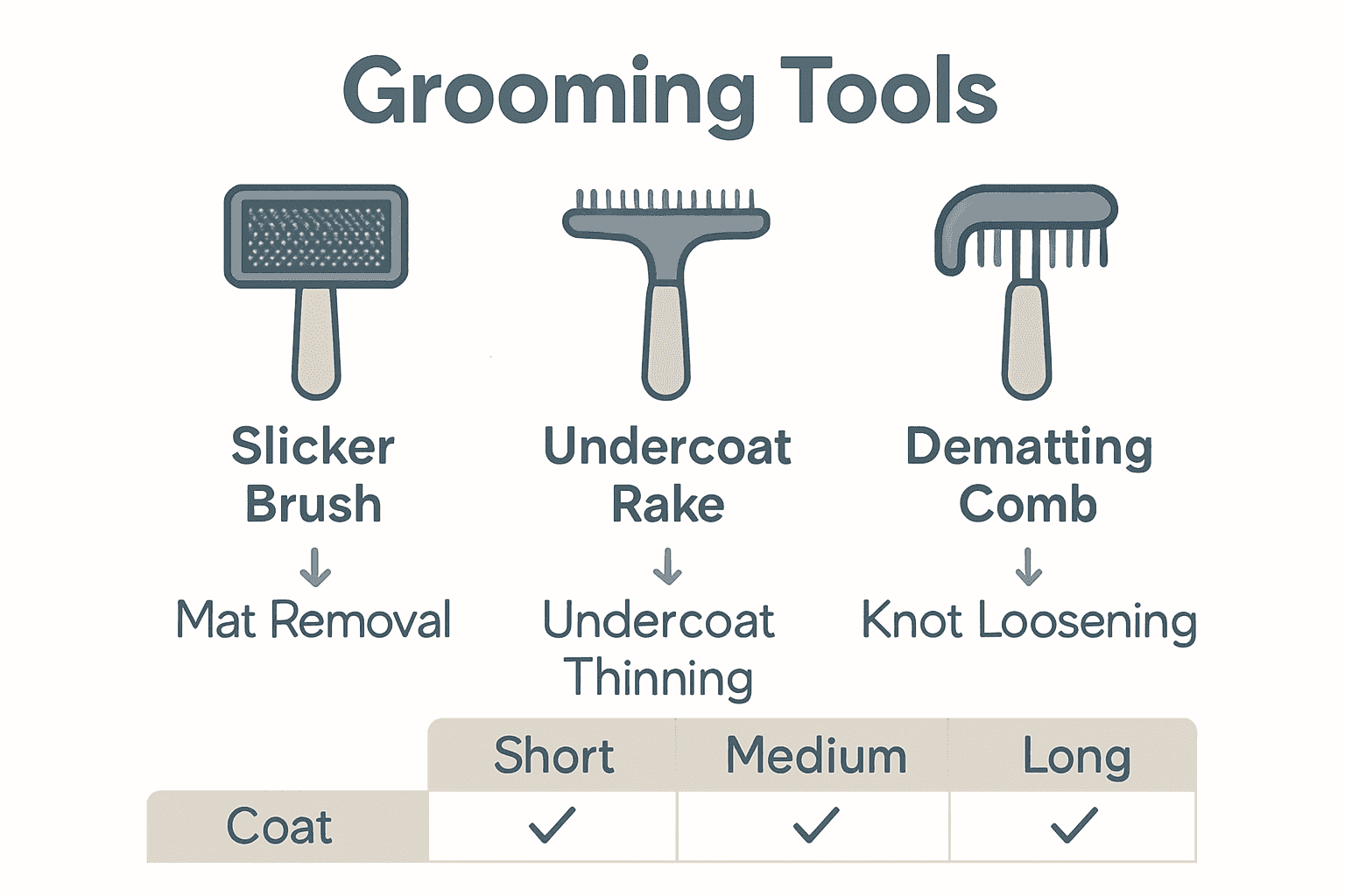 Infographic comparing pet grooming tool functions and coat compatibility