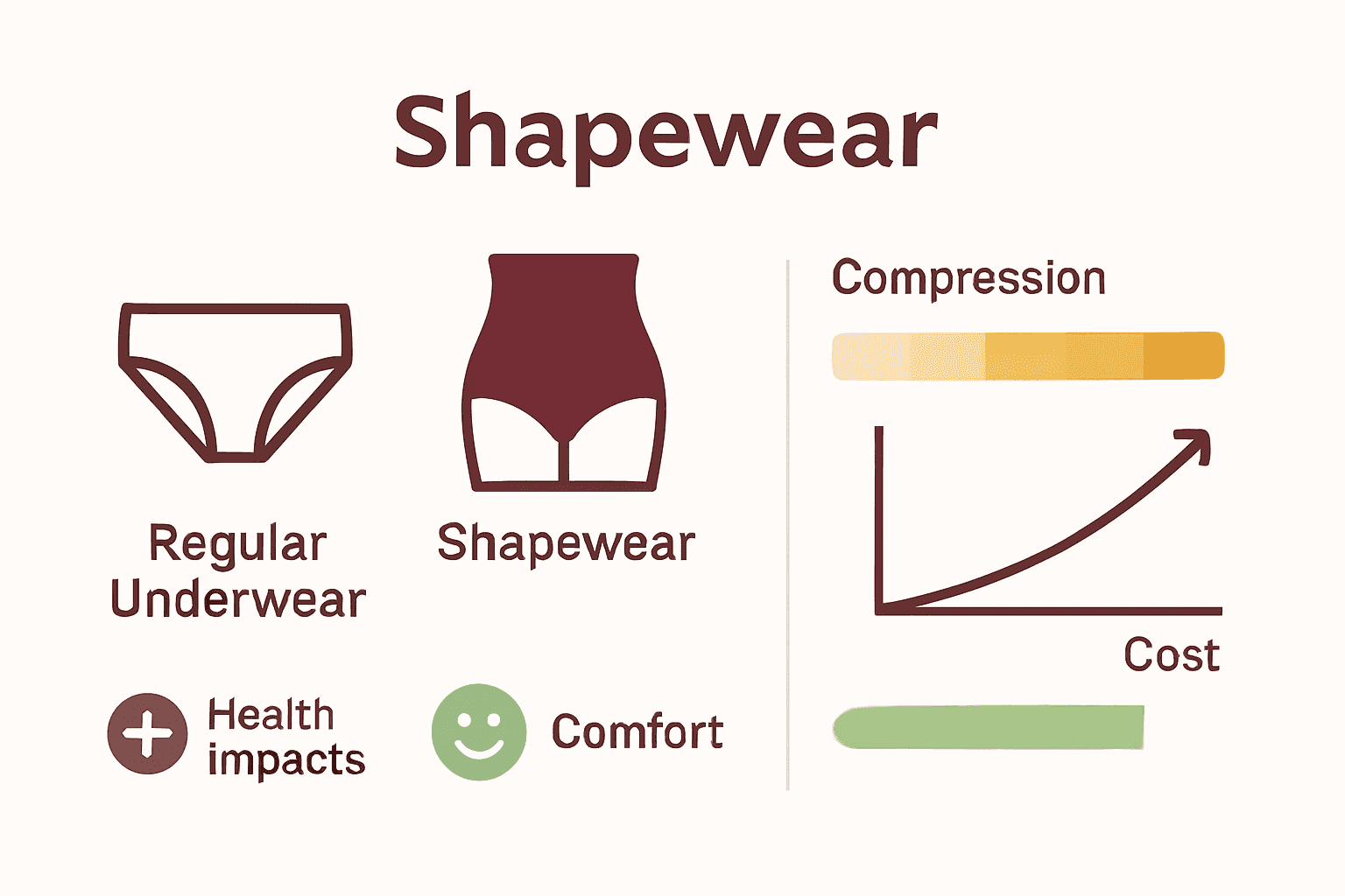 Infographic comparing shapewear and regular underwear in comfort, compression, and cost.