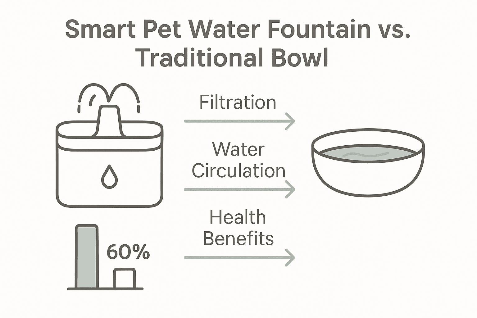 Infographic comparing smart pet water fountain to traditional bowl, showing filtration, water movement, and health benefits.
