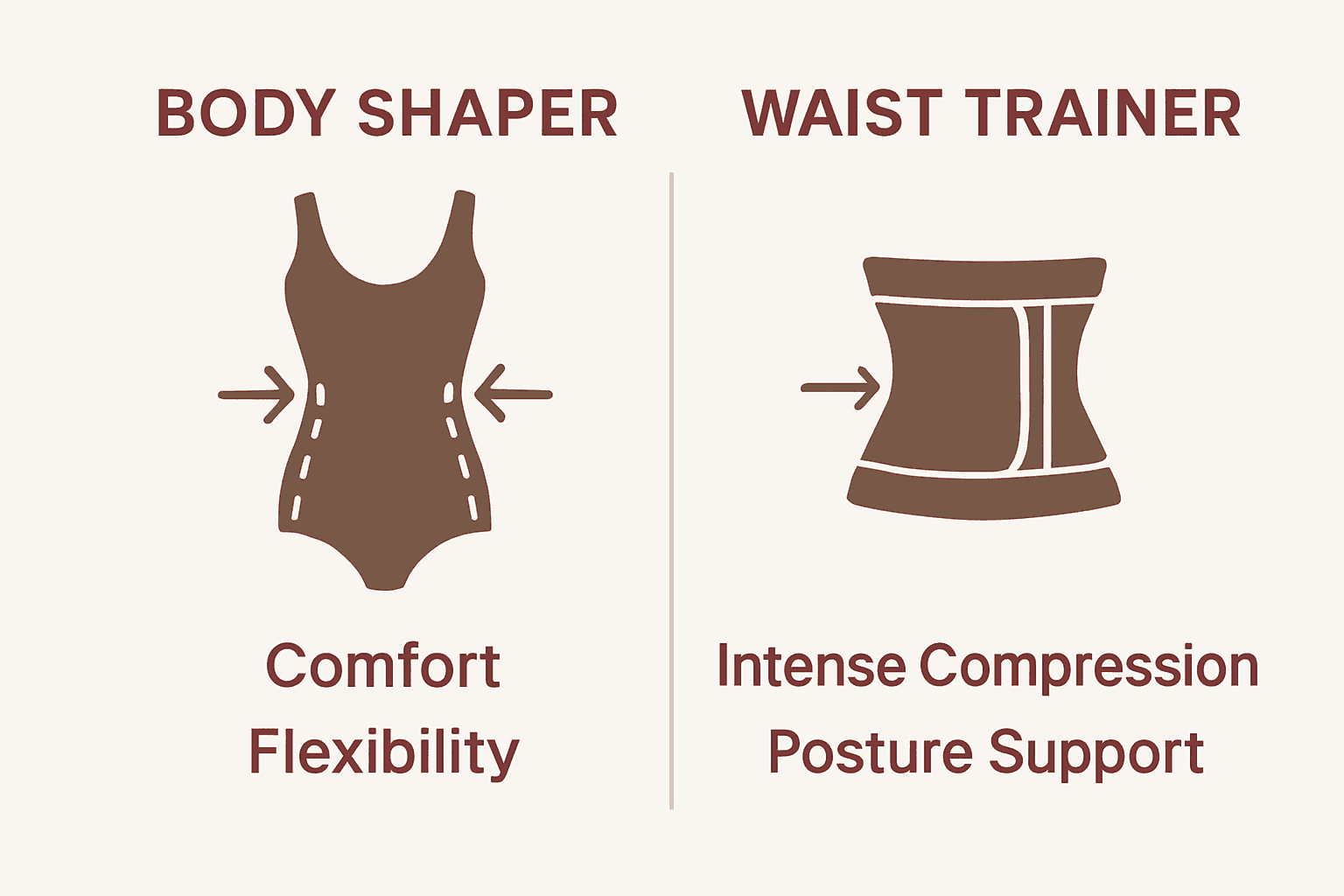 Icons showing body shaper vs waist trainer coverage and features