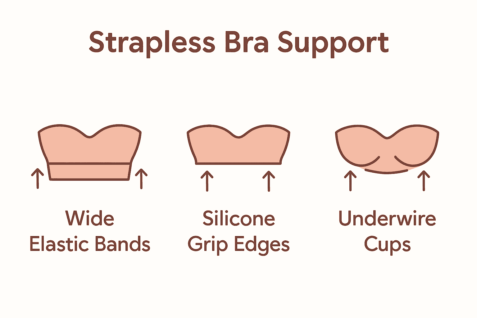Infographic showing strapless bra support methods: elastic, silicone, underwire.