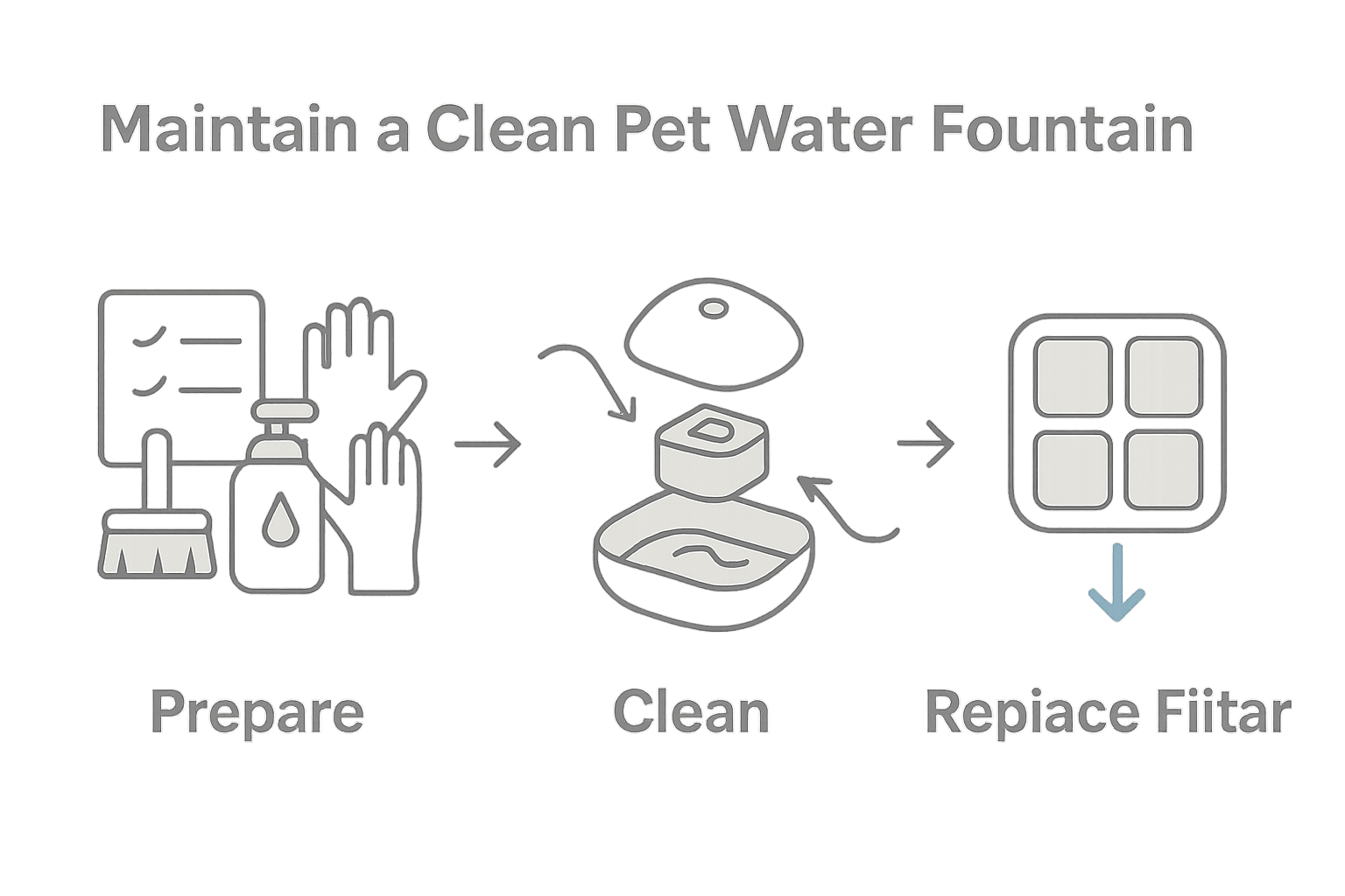 Infographic shows cleaning supplies, disassembly, filter replacement process for pet fountains.