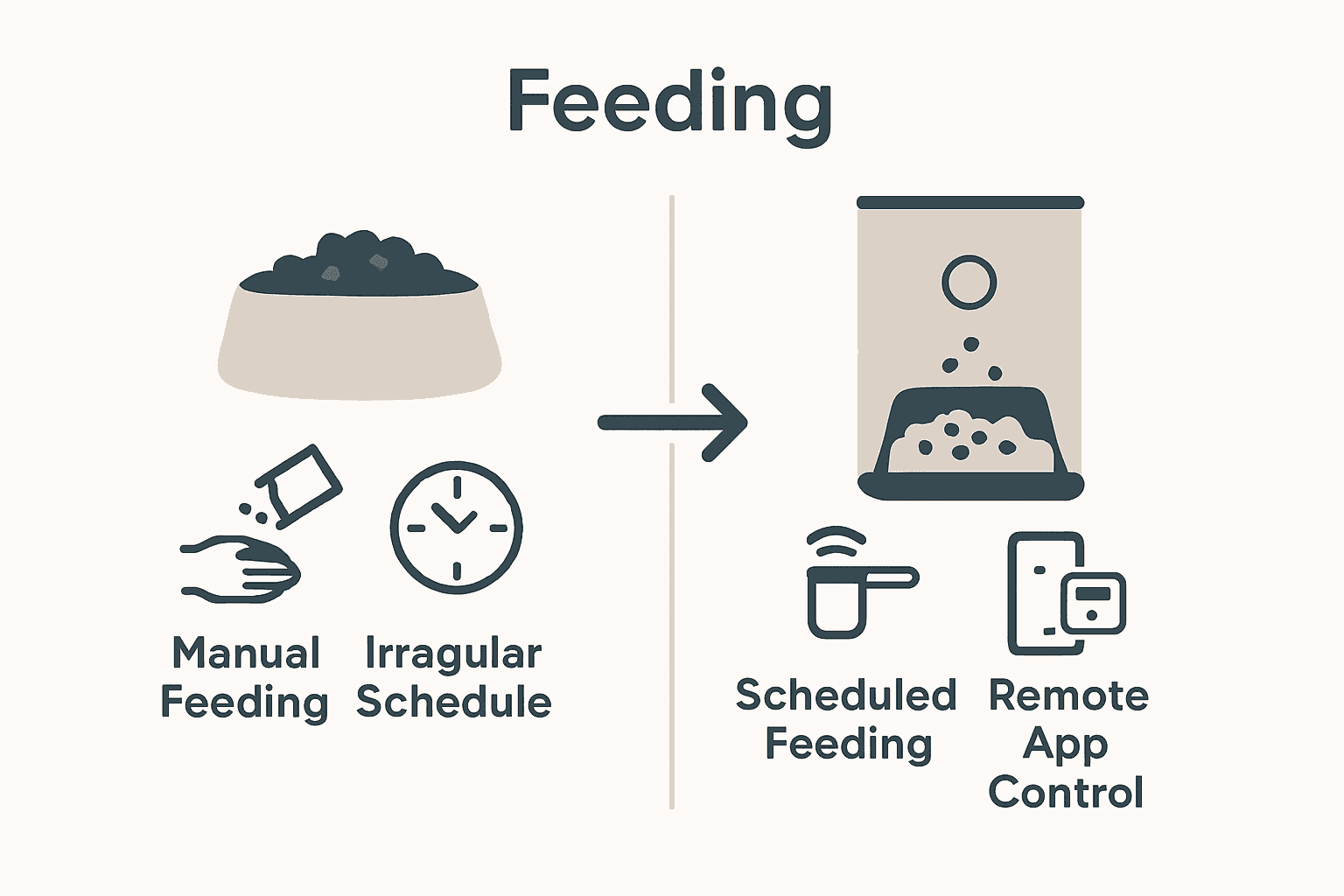 Infographic comparing traditional bowls and automatic pet feeders by portion control and scheduling.