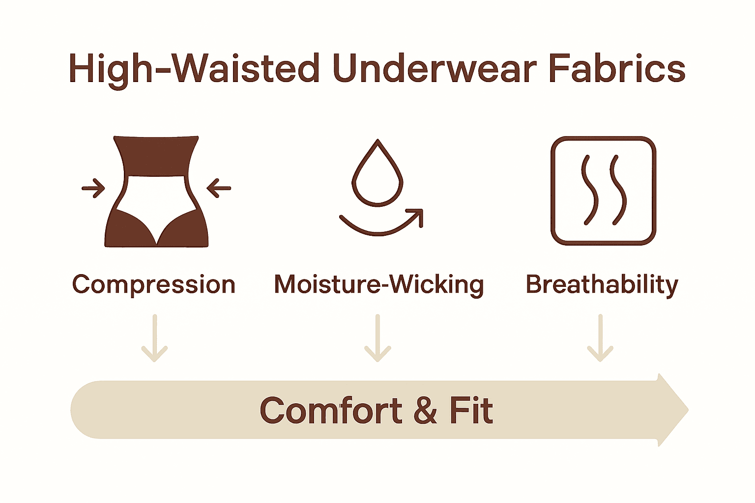 Infographic comparing compression, moisture-wicking, and breathability in high-waisted underwear fabrics.