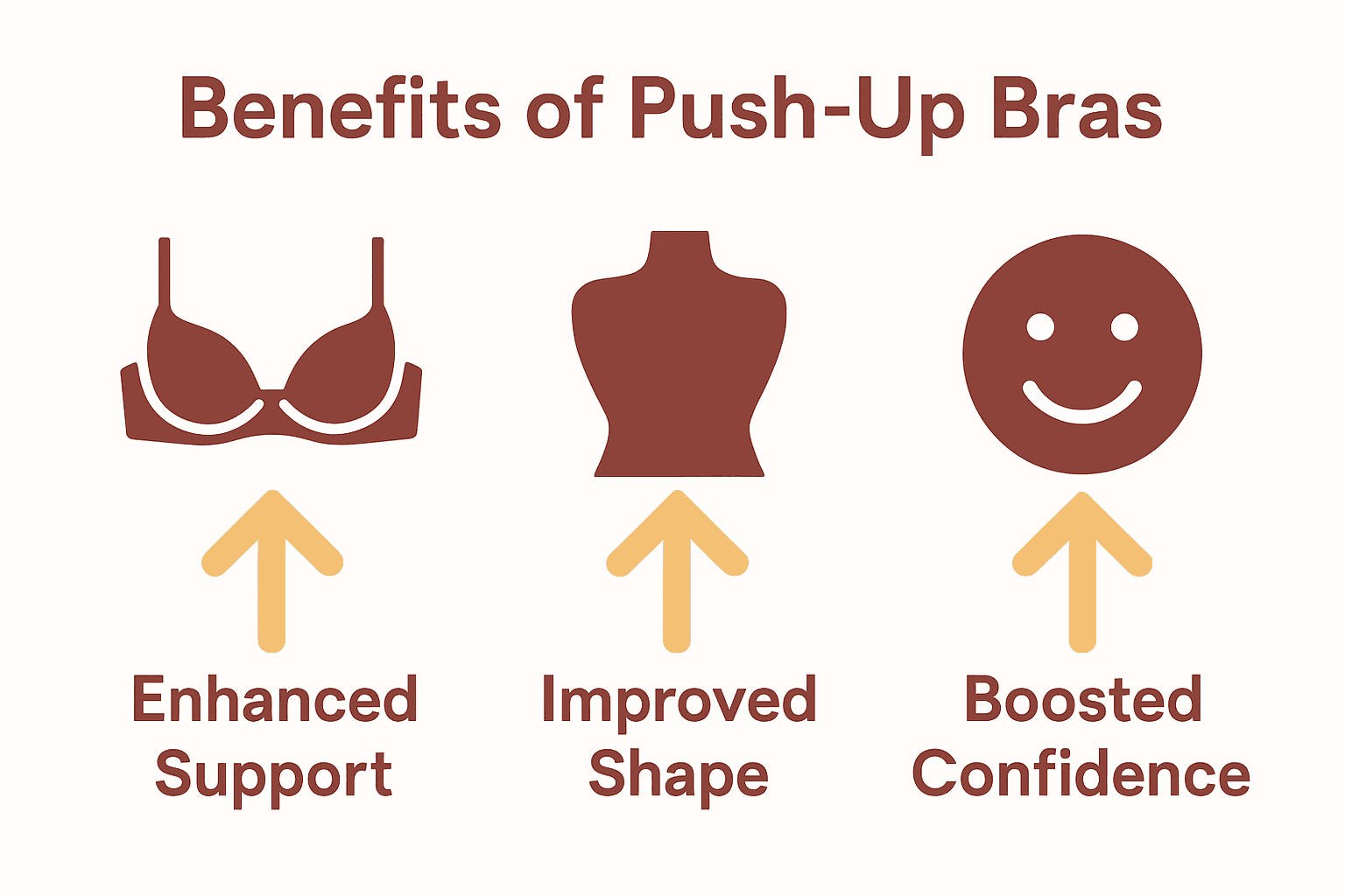 Infographic showing three core push-up bra benefits with icons and labels: support, shape, confidence.