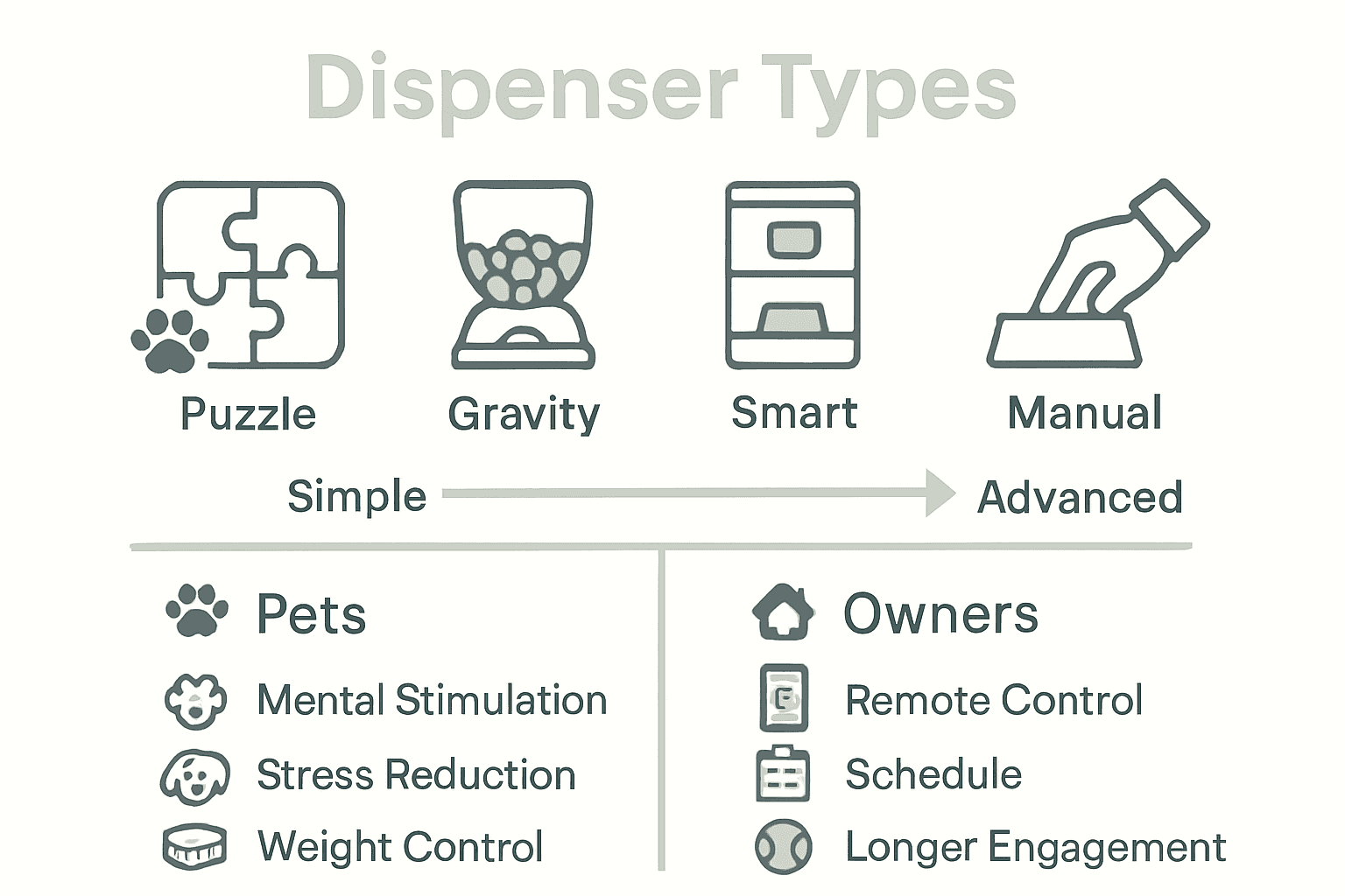 Infographic comparing treat dispenser types and key benefits for pets and owners.