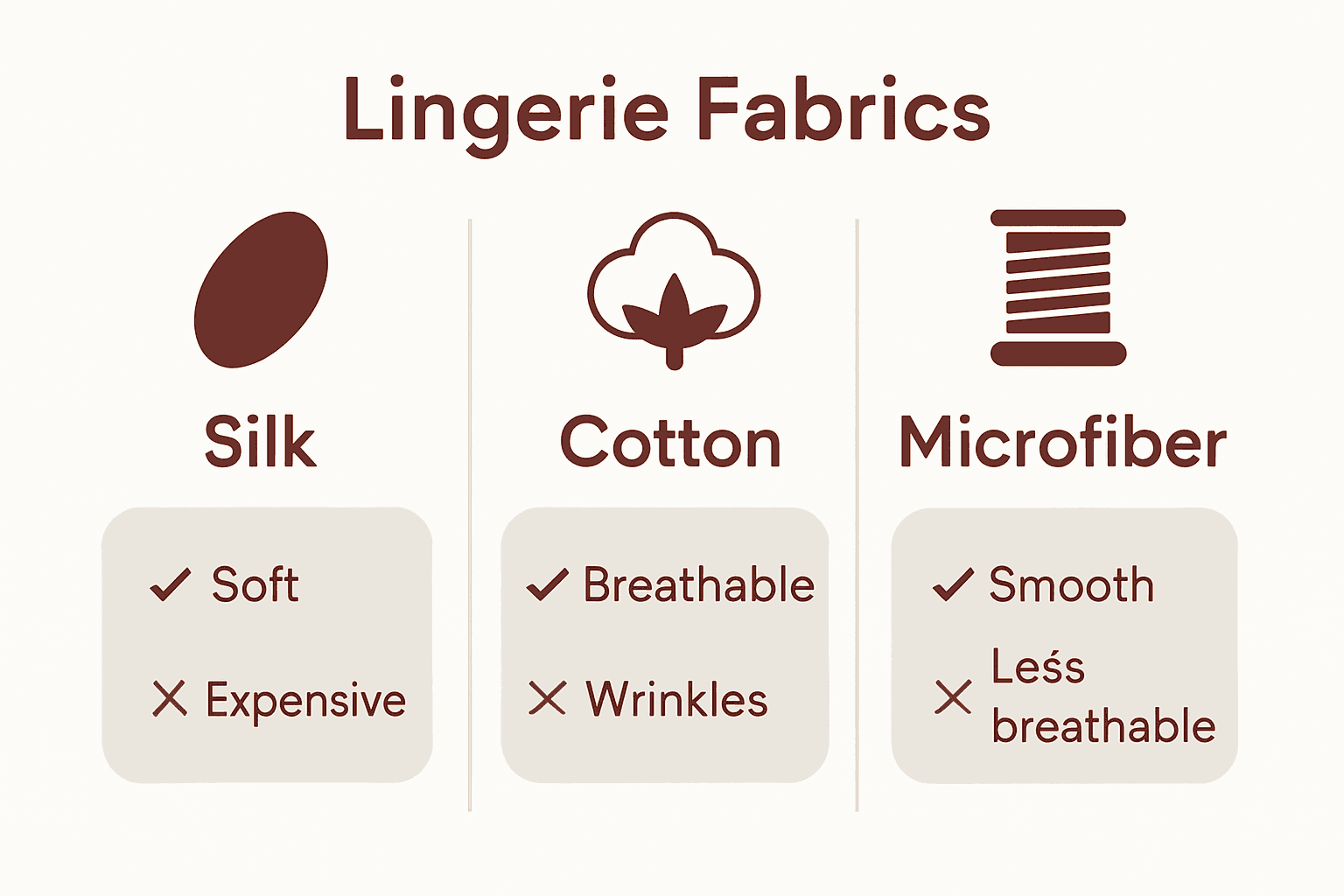 Infographic comparing silk, cotton, and microfiber for lingerie comfort and benefits