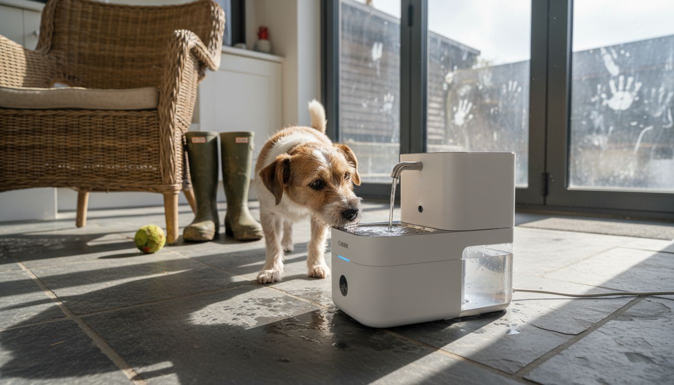 Dog sniffing modern smart water fountain