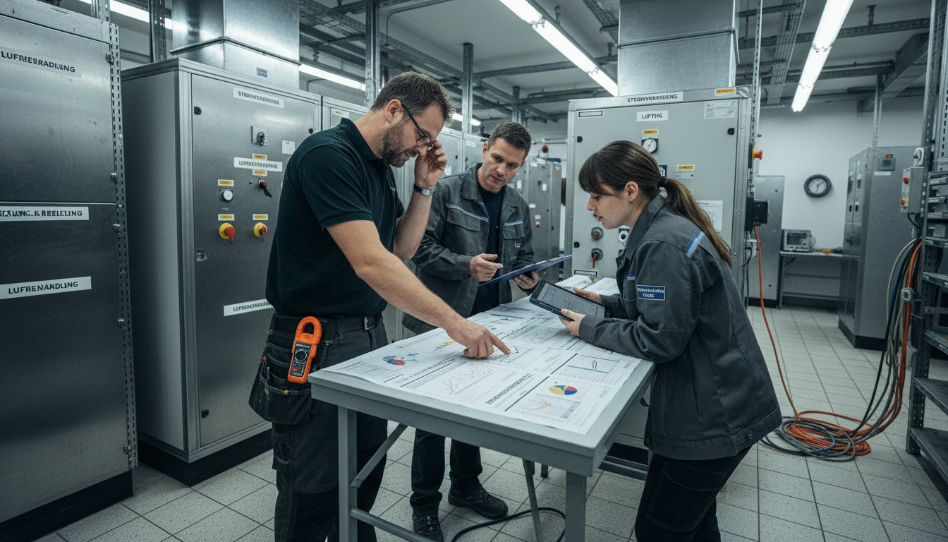 Im Leitstand bespricht das Team die Ergebnisse der Energieprüfung und plant weitere Maßnahmen.