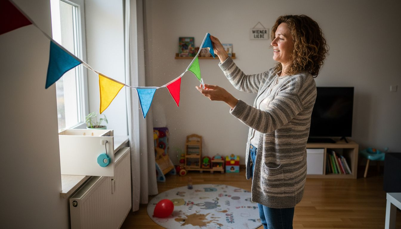 Eine Mutter achtet darauf, dass die Partydekoration sicher ist.