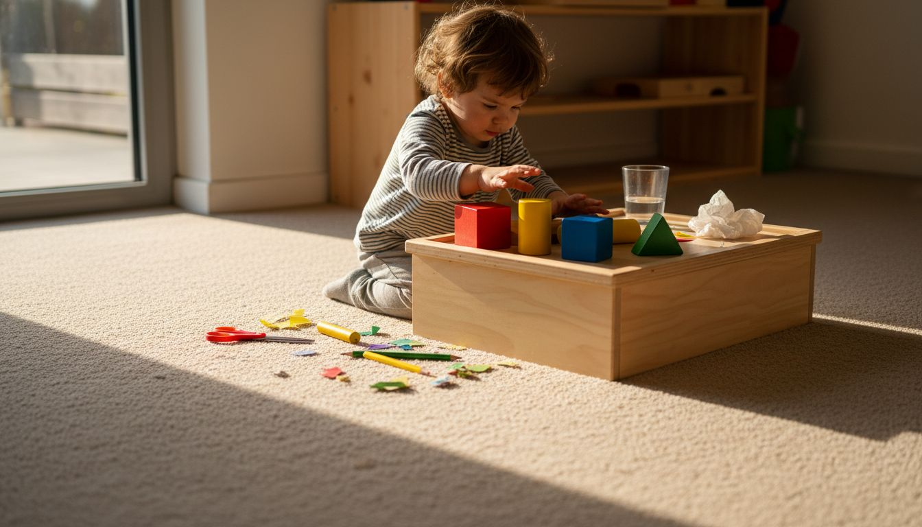 Ein Kind holt sich Bauklötze an der Materialstation.