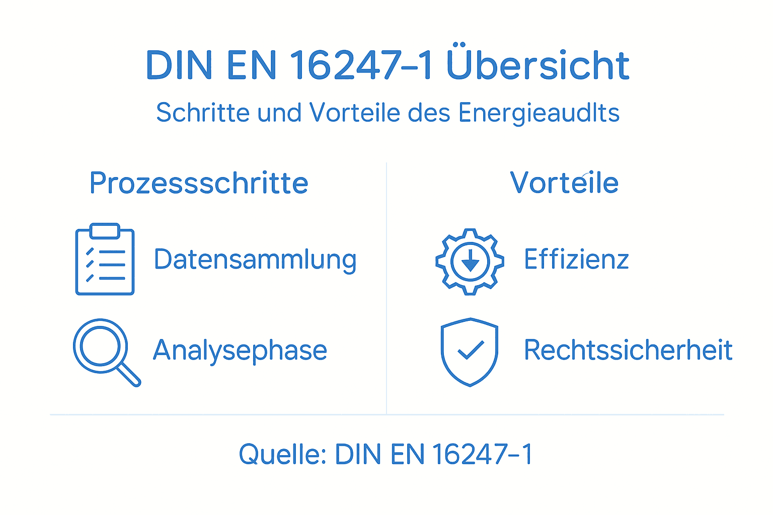 Übersicht der Prozessschritte eines Energieaudits nach DIN EN 16247-1 als Infografik