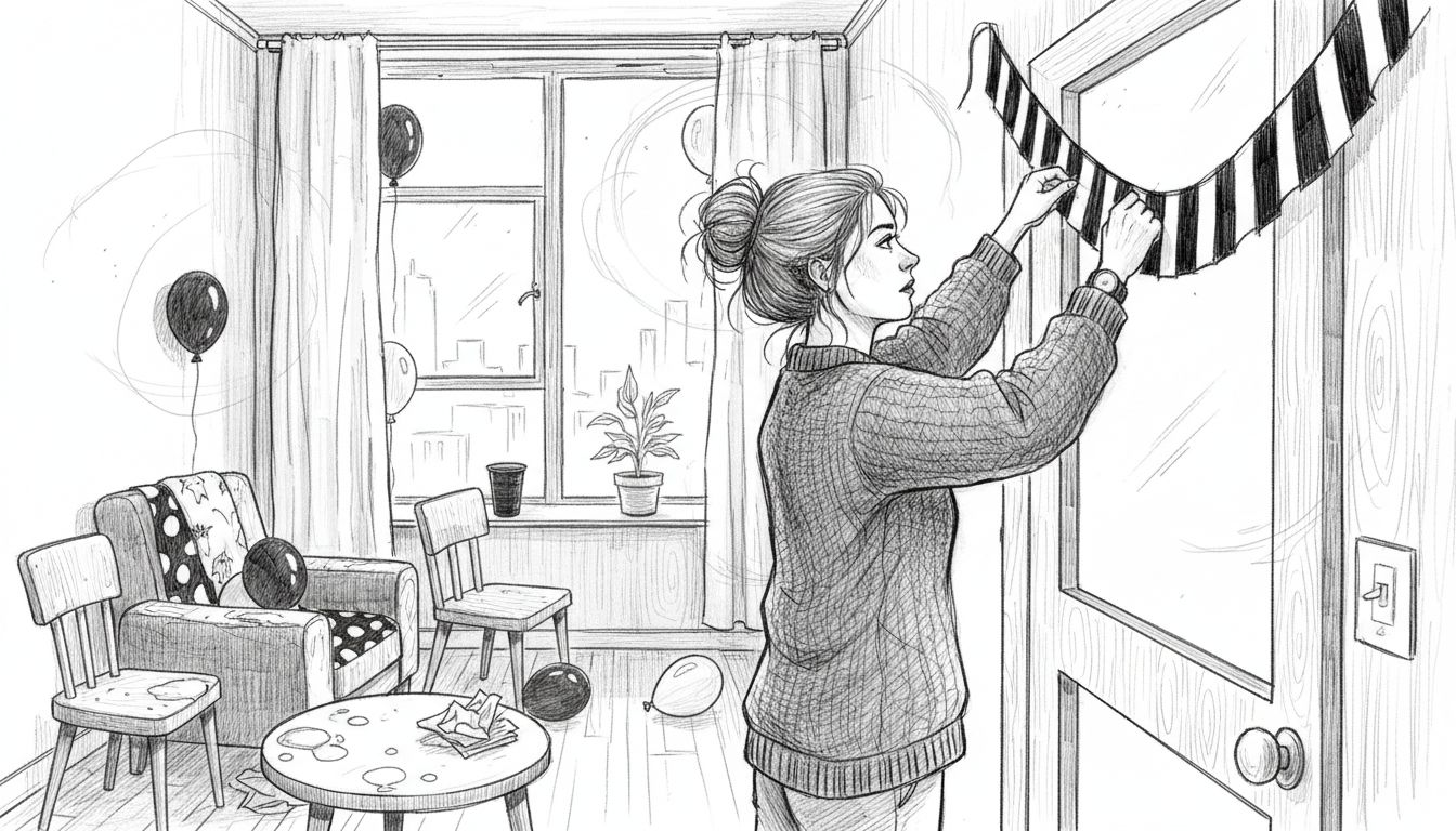 Der Gastgeber schmückt den sonnendurchfluteten Partyraum mit einer Girlande.