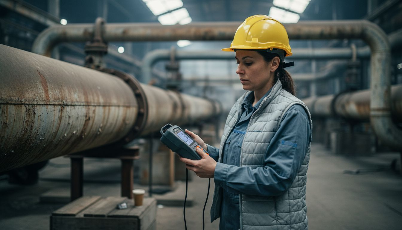 Eine Energieexpertin kontrolliert mithilfe eines Messgeräts die aktuellen Verbrauchsdaten.