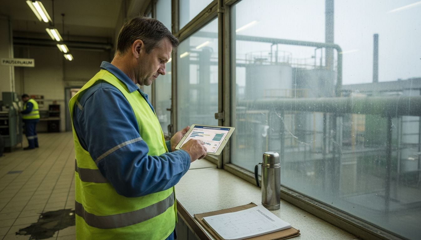 Ein Ingenieur überprüft die Energiewerte in der Produktionshalle.