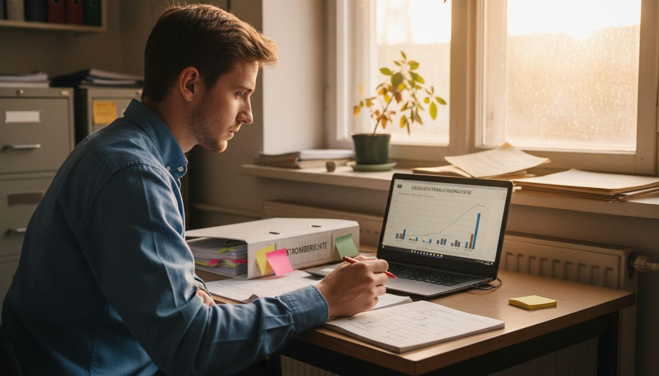 Ein Ingenieur wertet am Laptop die Ergebnisse des Energieaudits aus.