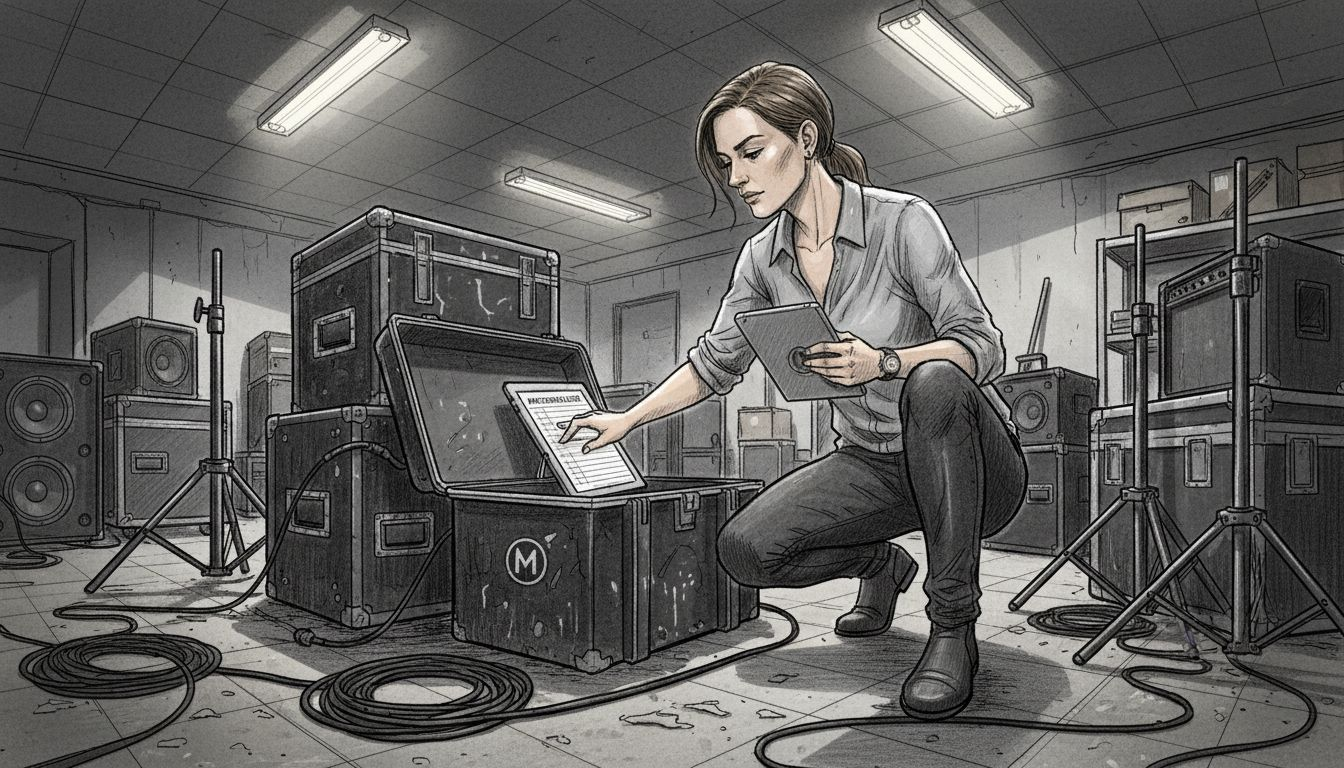 Ein Techniker überprüft das Veranstaltungsequipment auf Vollständigkeit und Funktion.