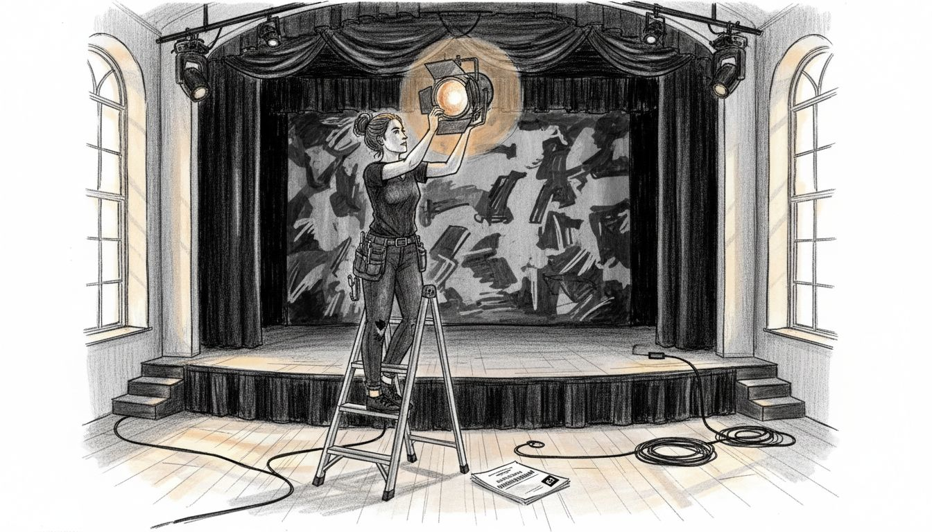 Ein Lichttechniker richtet den Scheinwerfer auf der Bühne aus.