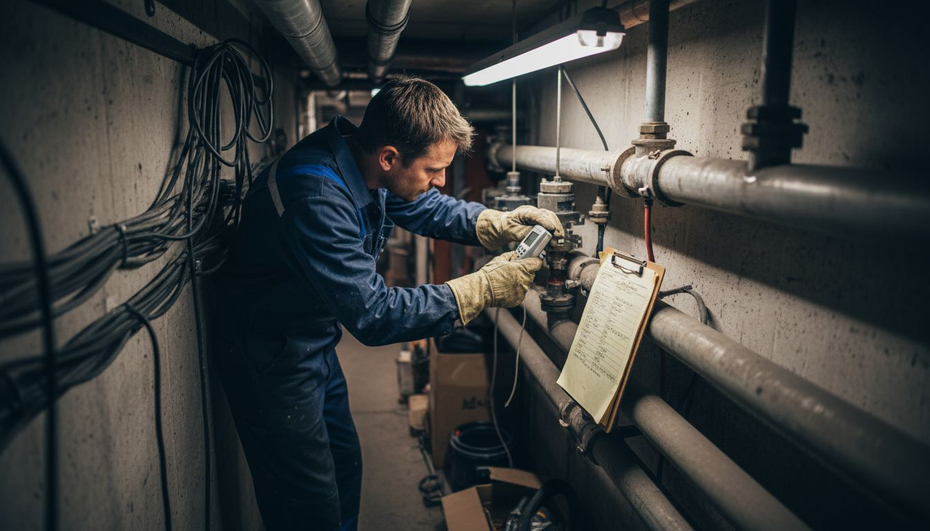 Ein Servicetechniker führt eine Heizungswartung im Keller des Unternehmens durch.