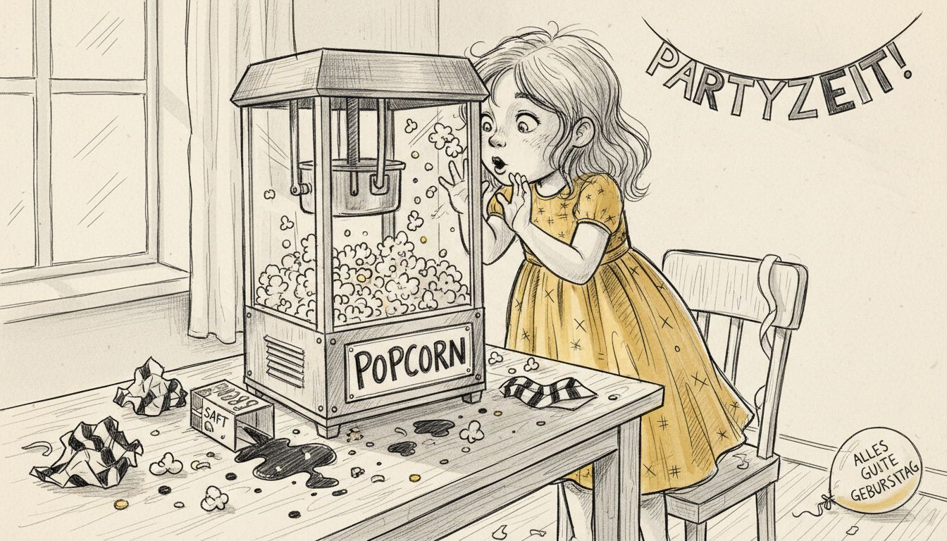 Ein Kind steht fasziniert vor der Popcornmaschine und beobachtet gespannt, wie frisches Popcorn für die Geburtstagsfeier zubereitet wird.