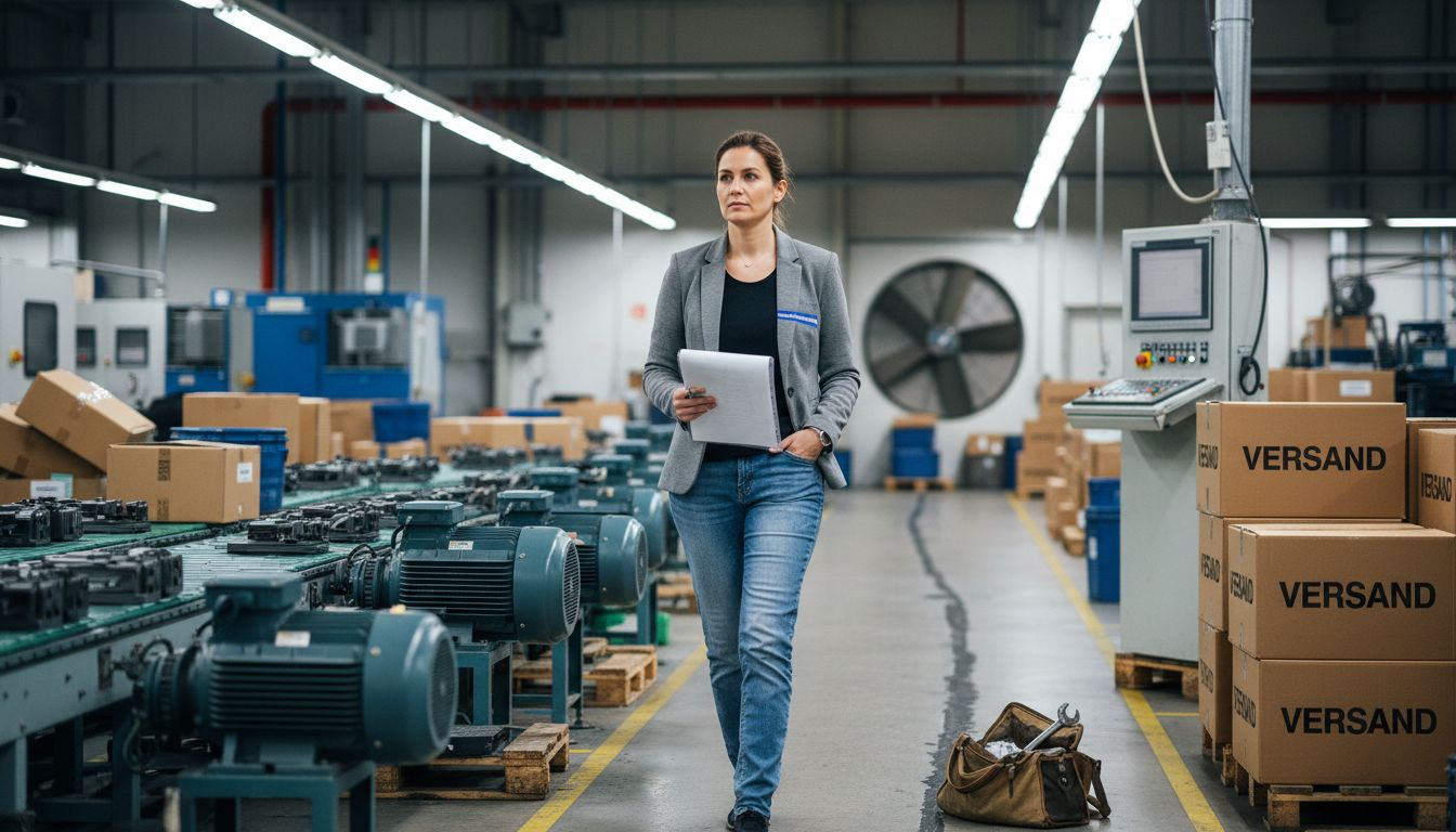Eine Energieauditorin nimmt die Produktionshalle im Rahmen eines Audits genau unter die Lupe.