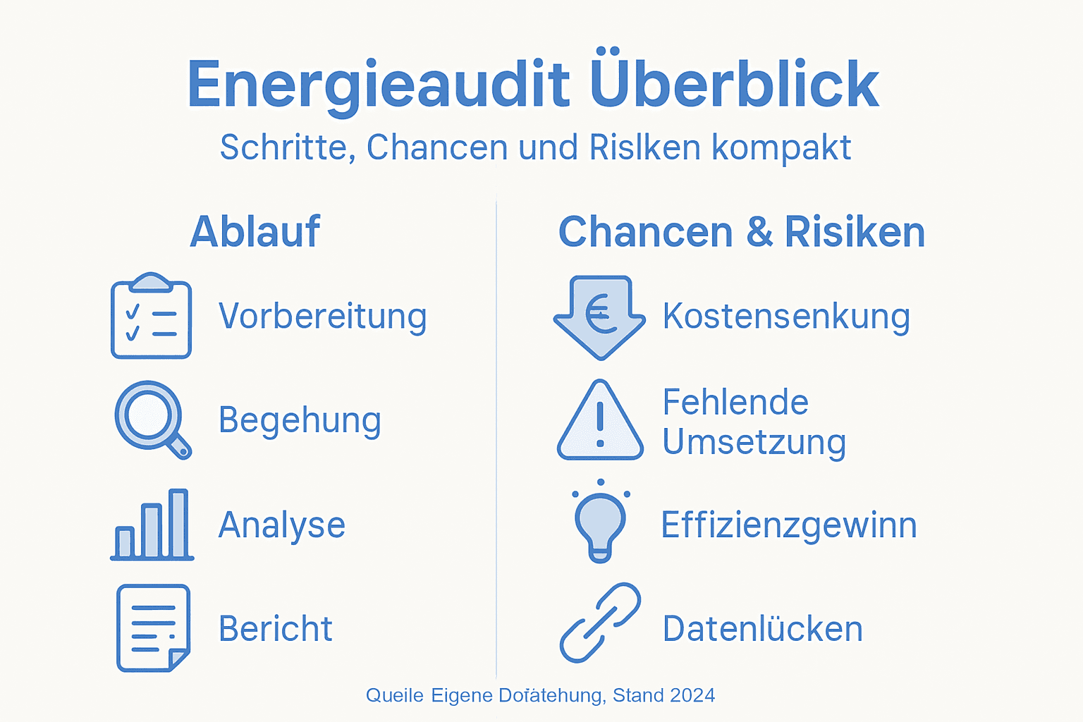 Eine anschauliche Infografik veranschaulicht den Ablauf eines Energieaudits und gibt einen Überblick über die damit verbundenen Chancen und Risiken.