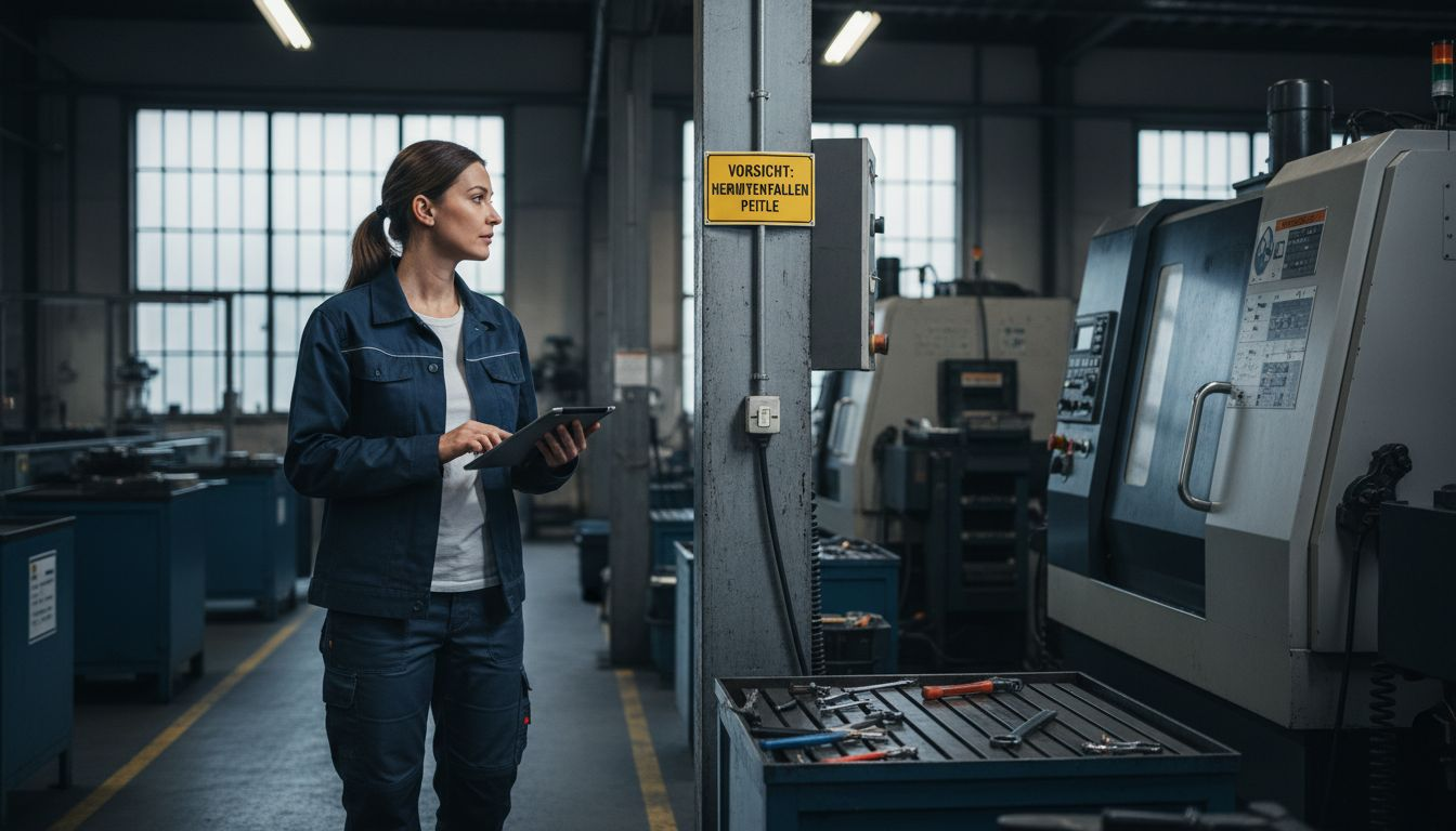 Eine Ingenieurin prüft mit einem Tablet die Produktionsabläufe in der Werkshalle.