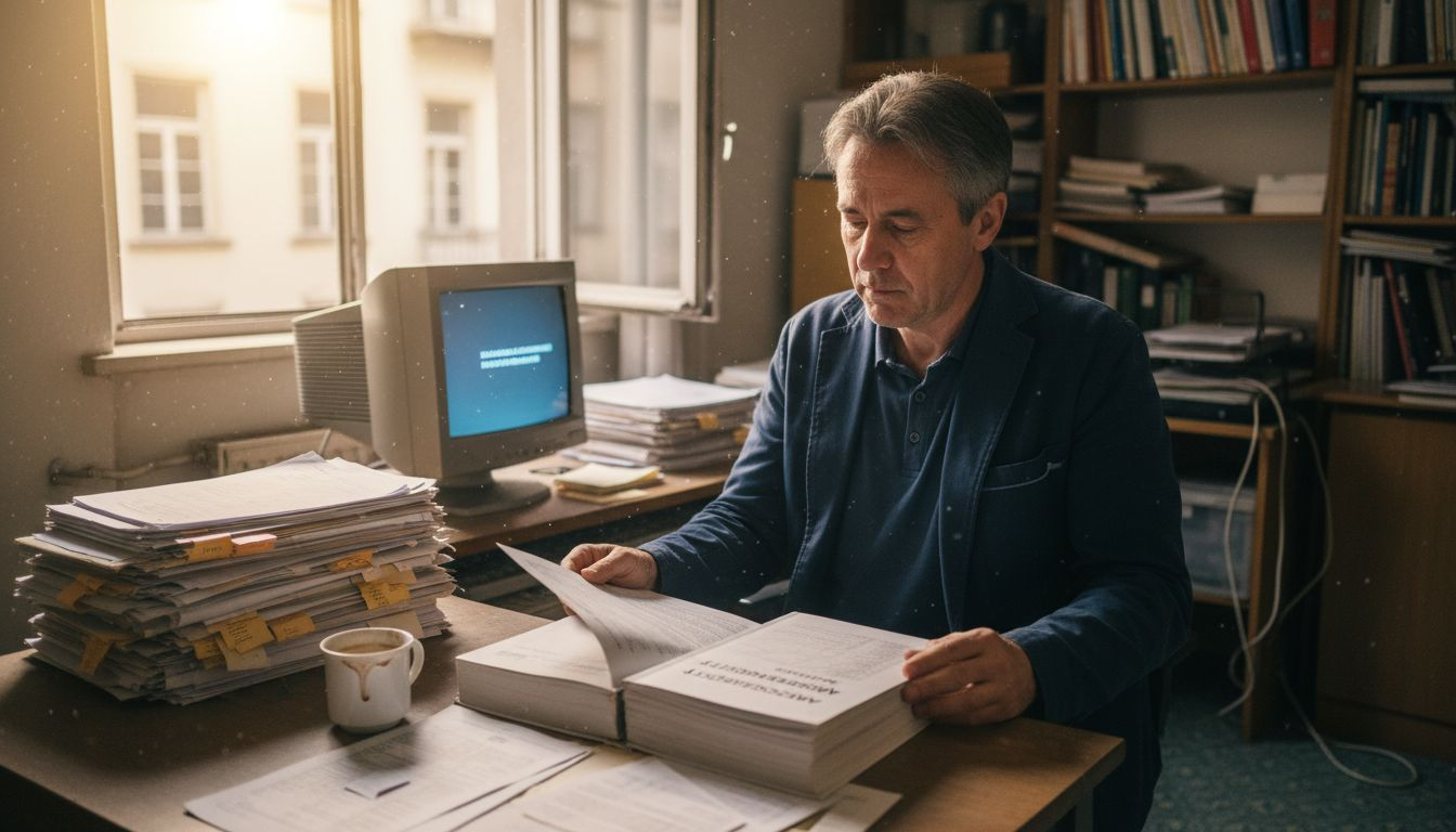 Ein Mitarbeiter nimmt den Abschlussbericht des Energieaudits genau unter die Lupe.