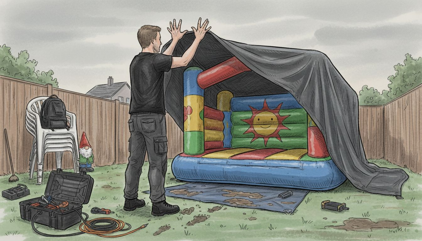 Papa sorgt dafür, dass die Hüpfburg im Garten auch bei Regen trocken bleibt.