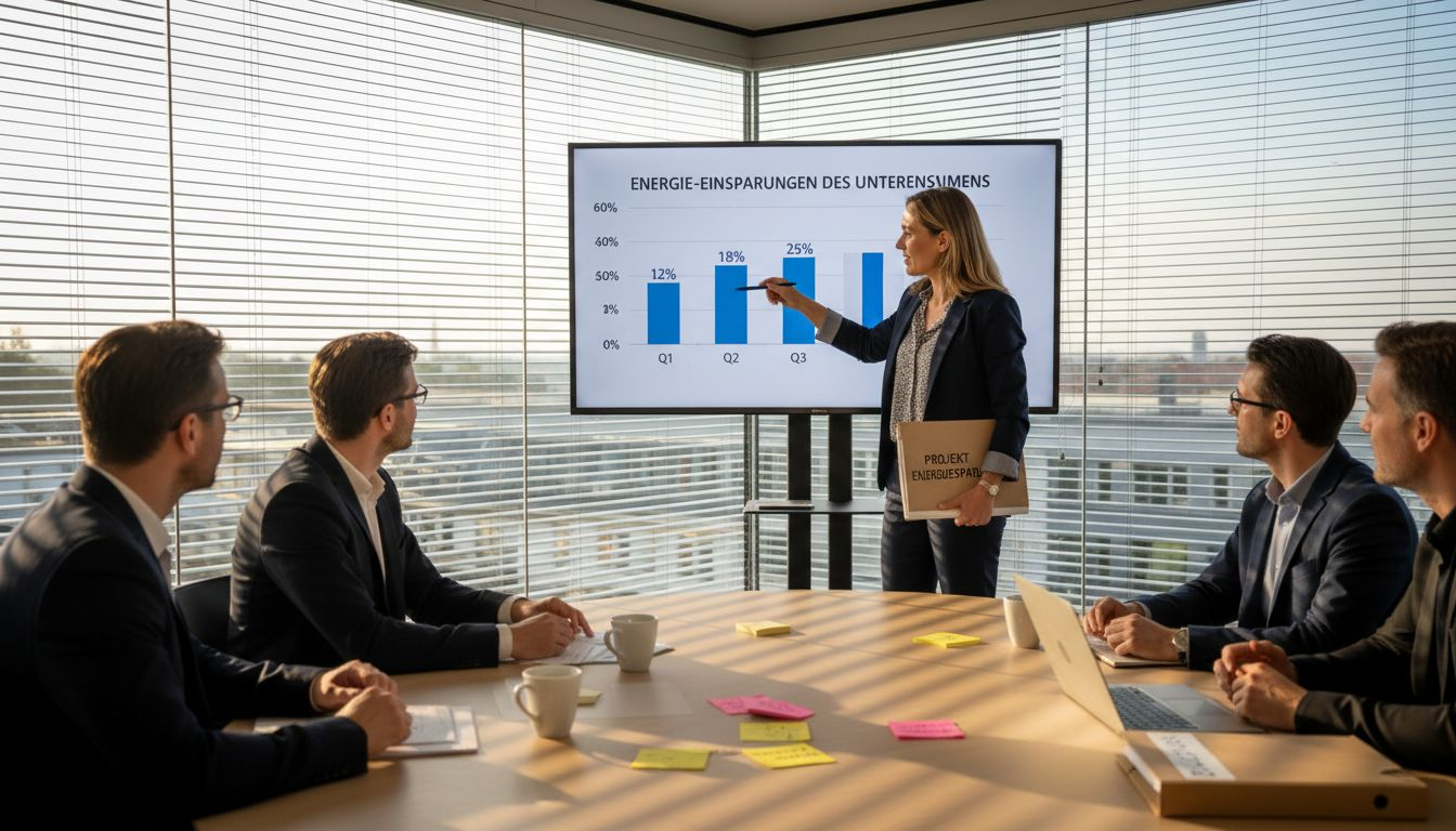 Ein Berater stellt im Meeting konkrete Möglichkeiten zur Energieeinsparung vor.