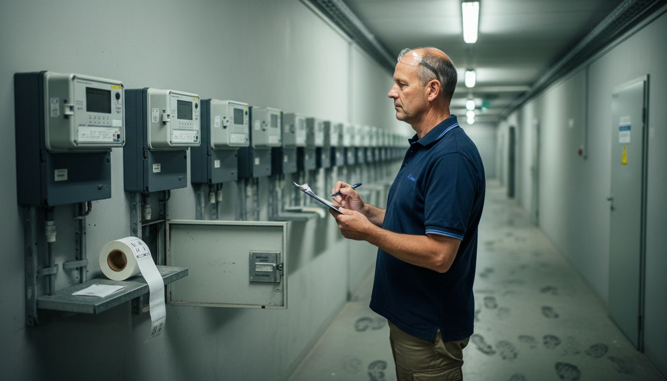 Ein Techniker kontrolliert im laufenden Betrieb die digitalen Stromzähler.