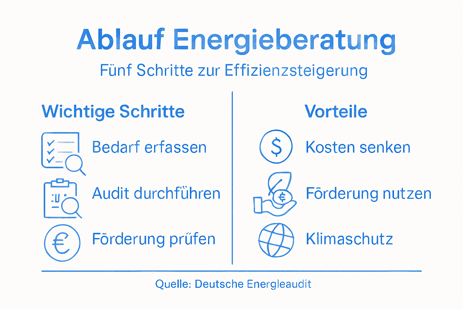 Grafische Übersicht: So läuft eine Energieberatung ab – Schritte und Vorteile auf einen Blick