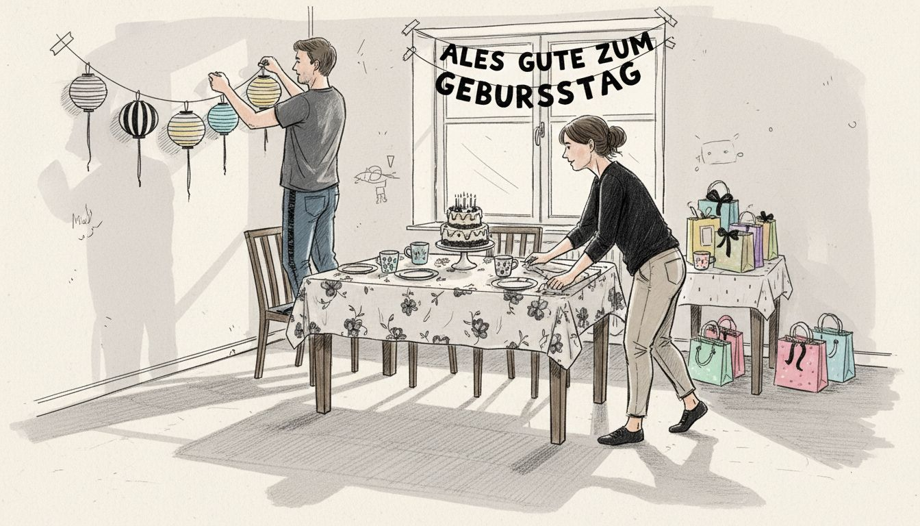 Eltern schmücken den Raum für den Kindergeburtstag und sorgen dafür, dass alles bunt und einladend aussieht.