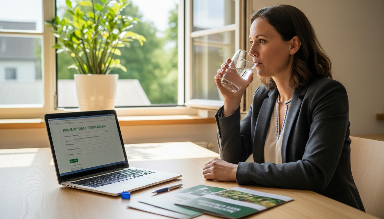 Ein Manager sitzt in der Kantine und informiert sich über verschiedene Finanzierungsmöglichkeiten.