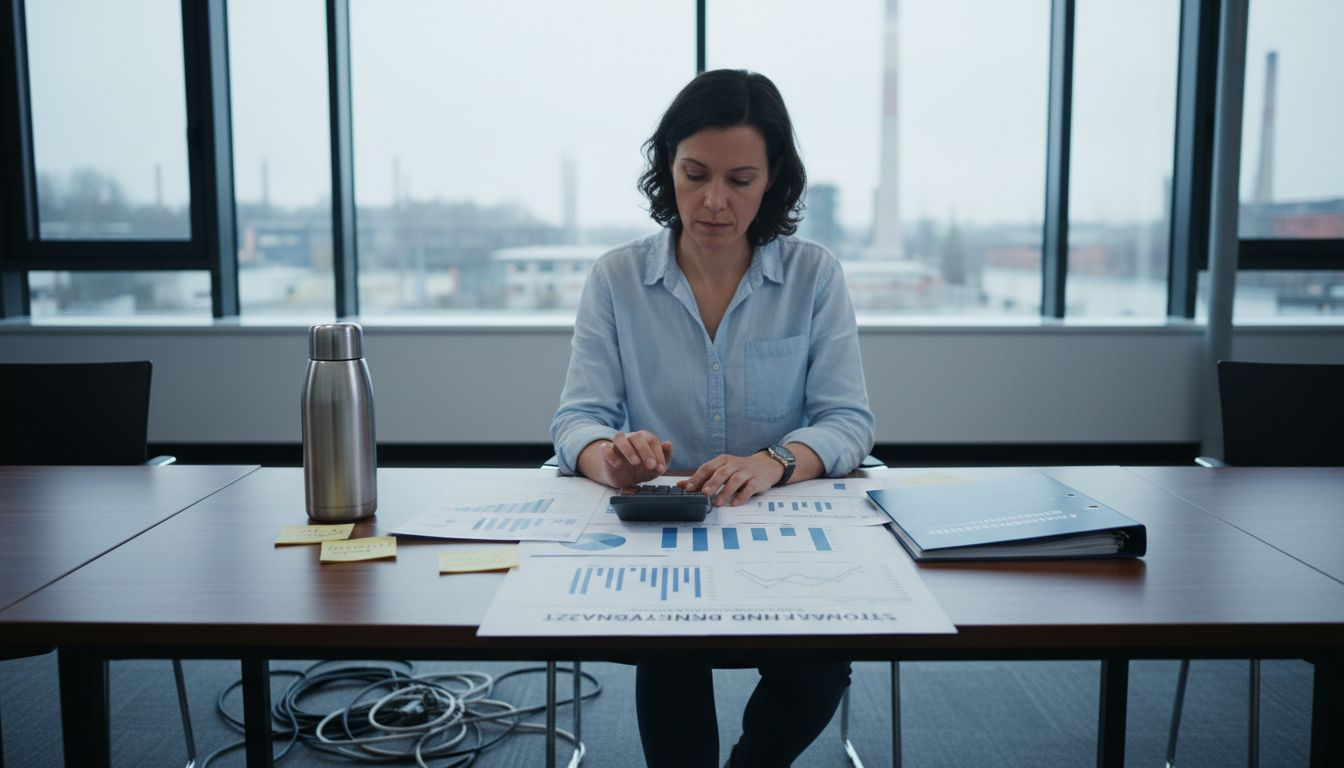 Eine Geschäftsfrau kalkuliert ihre Energiekosten während eines Meetings am Konferenztisch.