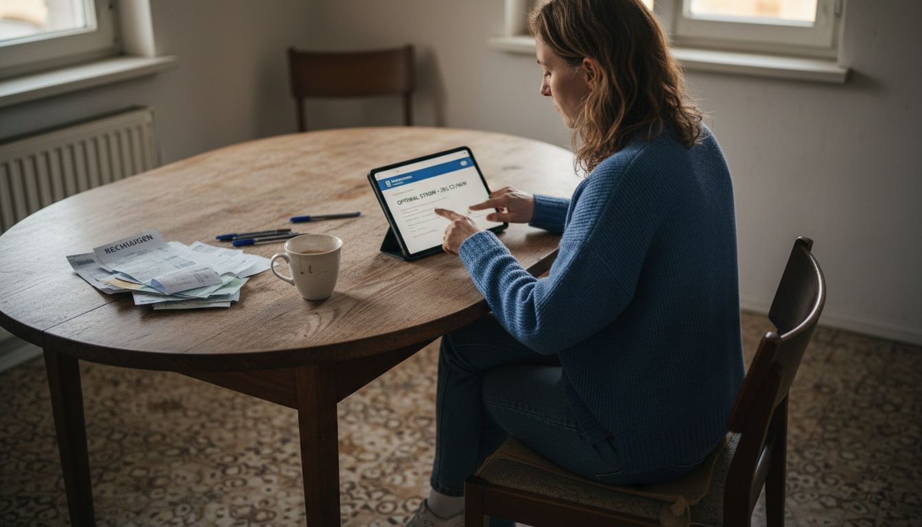 Eine Frau prüft zu Hause verschiedene Energieanbieter, um die besten Tarife zu finden.