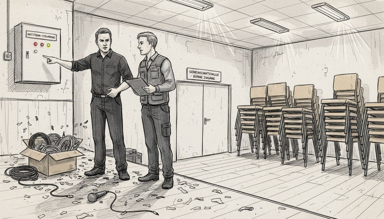 Der Veranstaltungsleiter prüft die Ausweichmöglichkeiten für den Innenbereich.