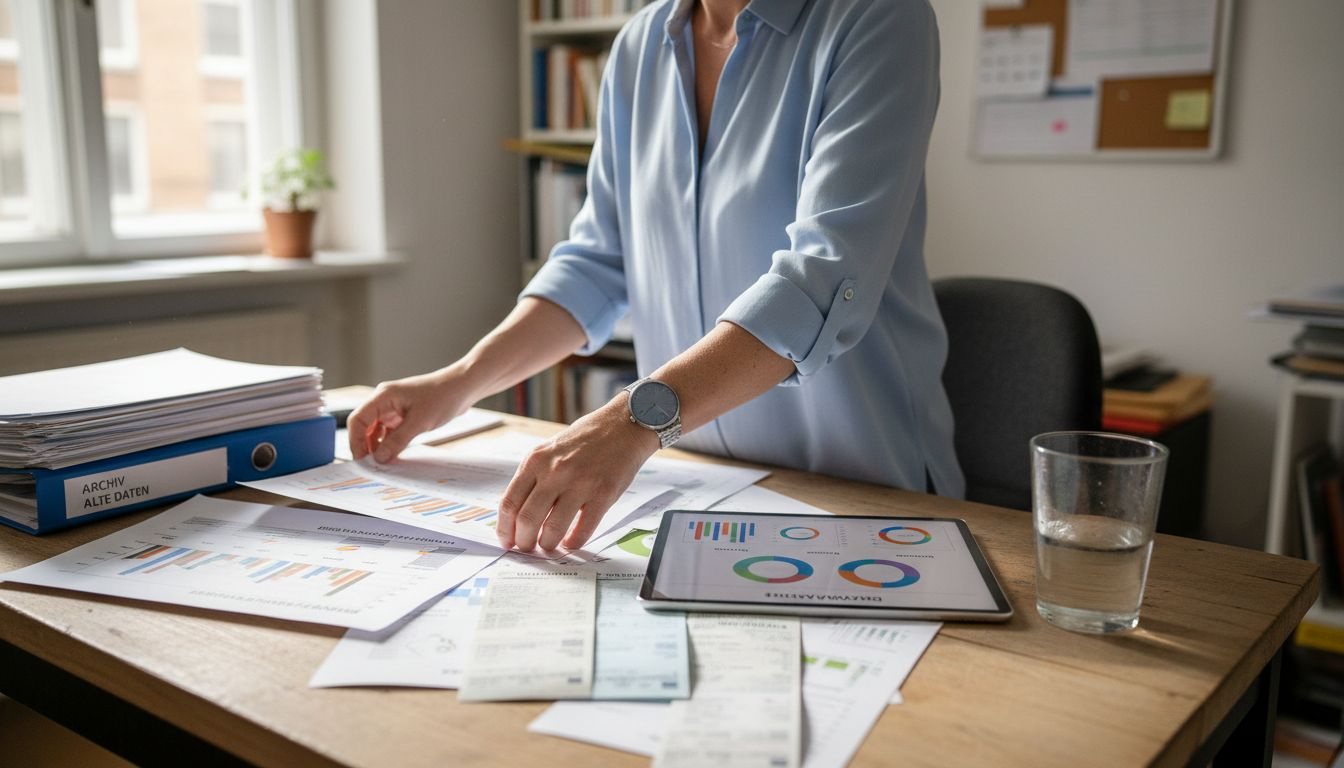 Eine Frau sortiert ausgedruckte Unterlagen zum Energieverbrauch.