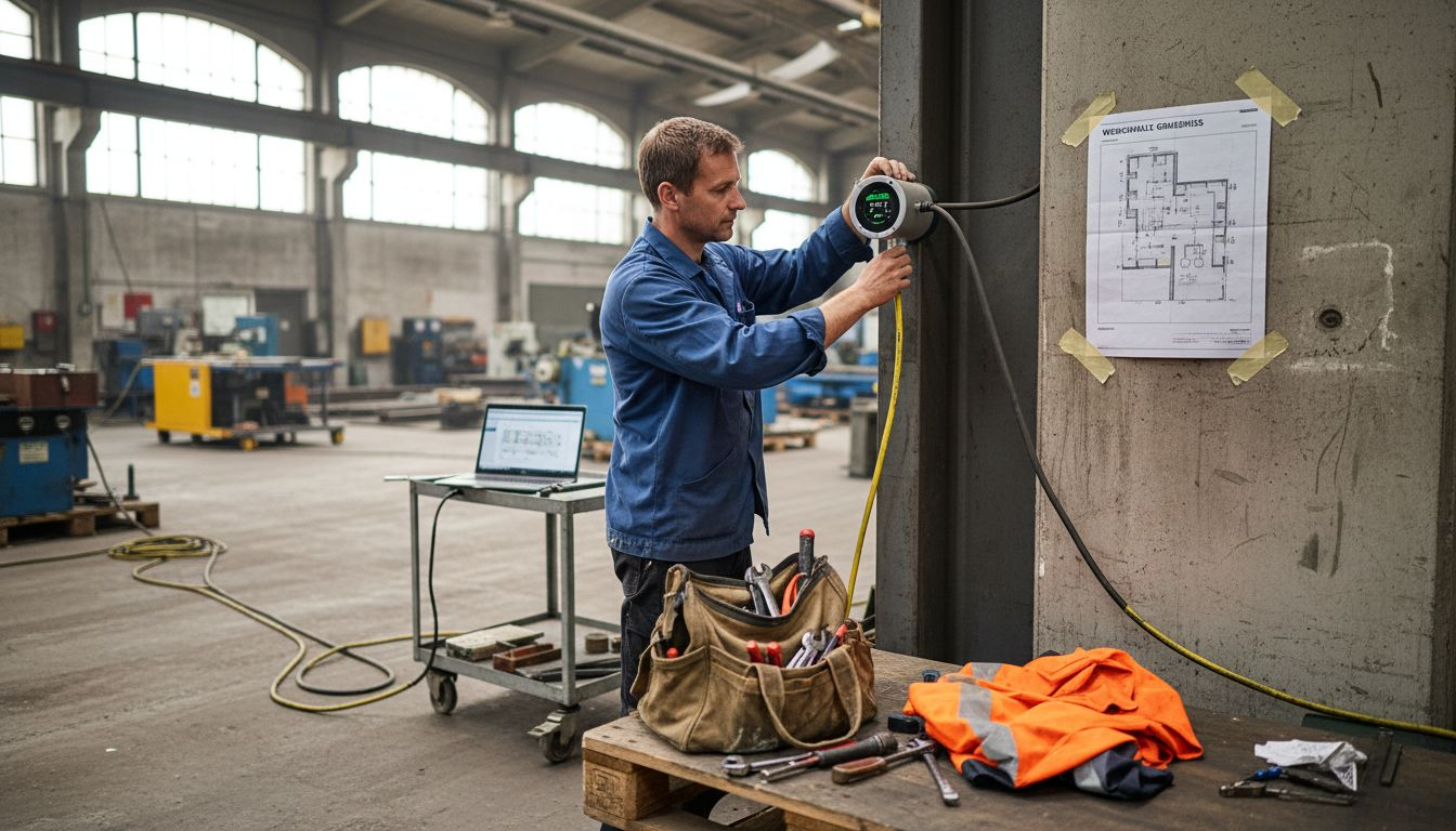 Ein Servicetechniker montiert einen Sensor in einer Industriehalle.