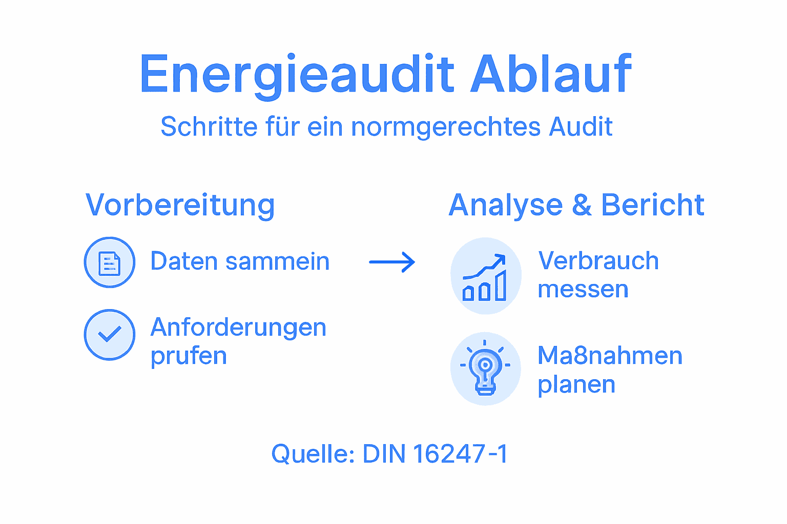 Übersichtsgrafik: Die wichtigsten Schritte und Bereiche eines Energieaudits auf einen Blick