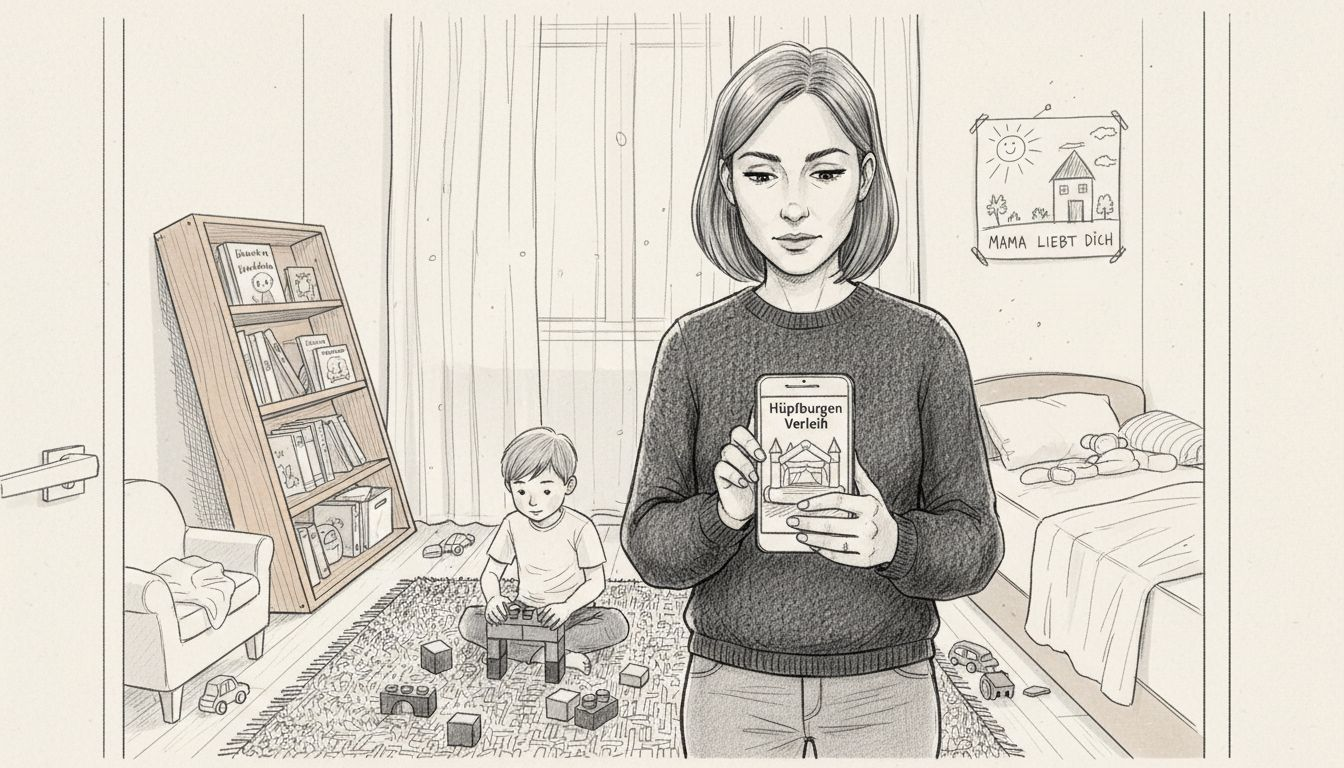 Mutter informiert sich über verschiedene Hüpfburg-Modelle für die nächste Kindergeburtstagsfeier und vergleicht die Angebote.