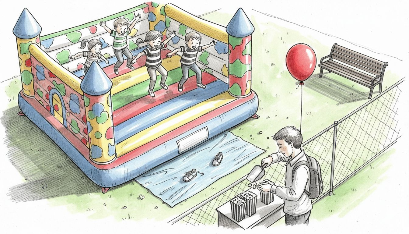 Ein Nachmittag voller Spaß: Hüpfburg und frische Popcorn im Park für Kinder.