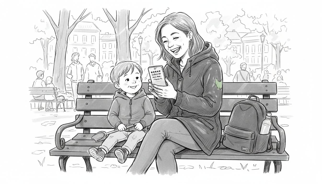 Eine Mutter zeigt ihrem Kind eine Kundenbewertung auf dem Handy.