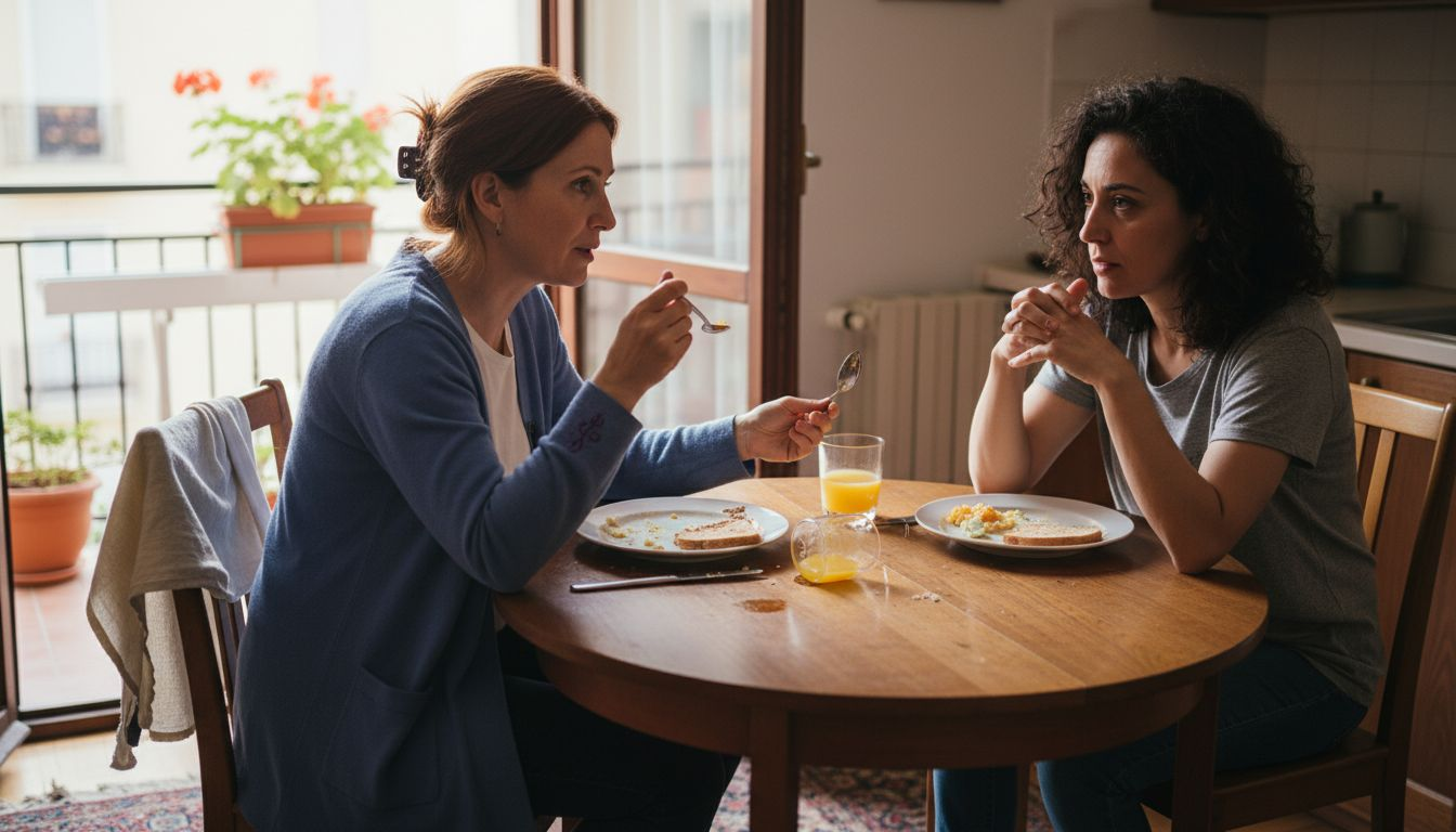 Couple quietly talking at kitchen table