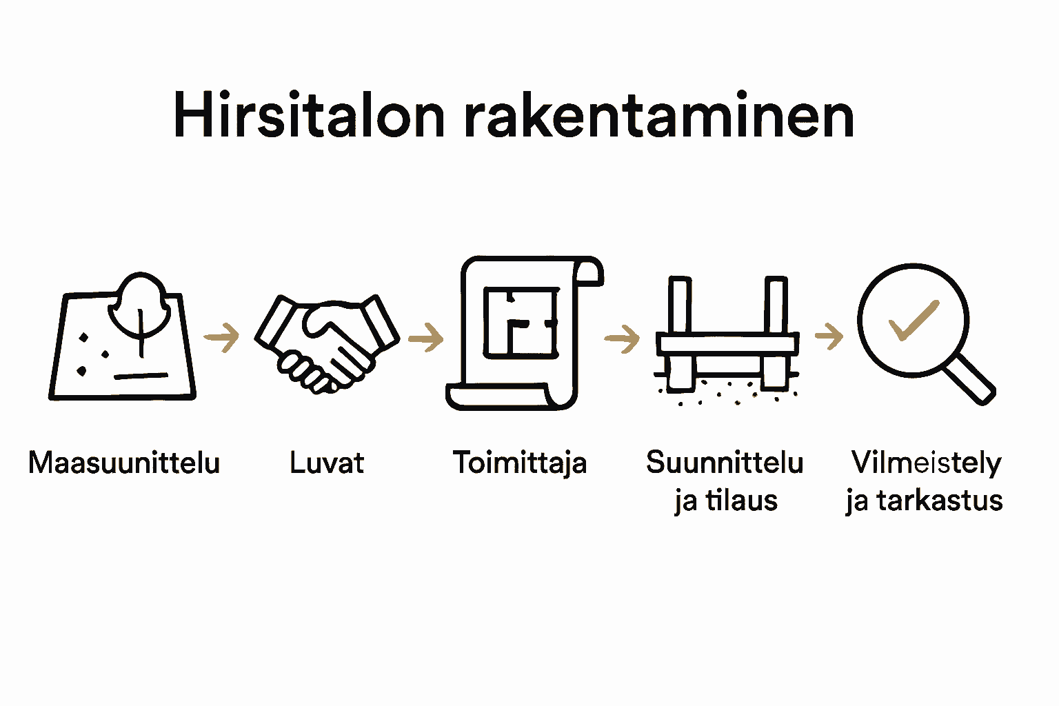 Infographic: five log house construction stages with icons.