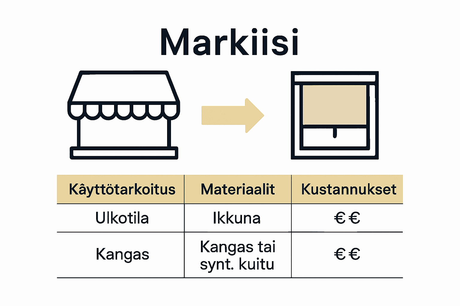 Infograafi vertailee markiisin ja screenkaihtimen ominaisuuksia kuvakkeilla ja taulukolla.