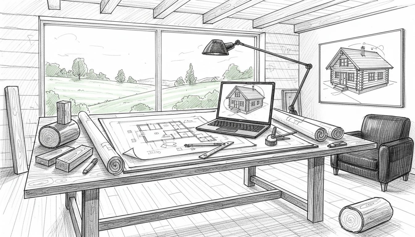 Arkkitehti suunnittelee hirsitaloa työpöydällä.