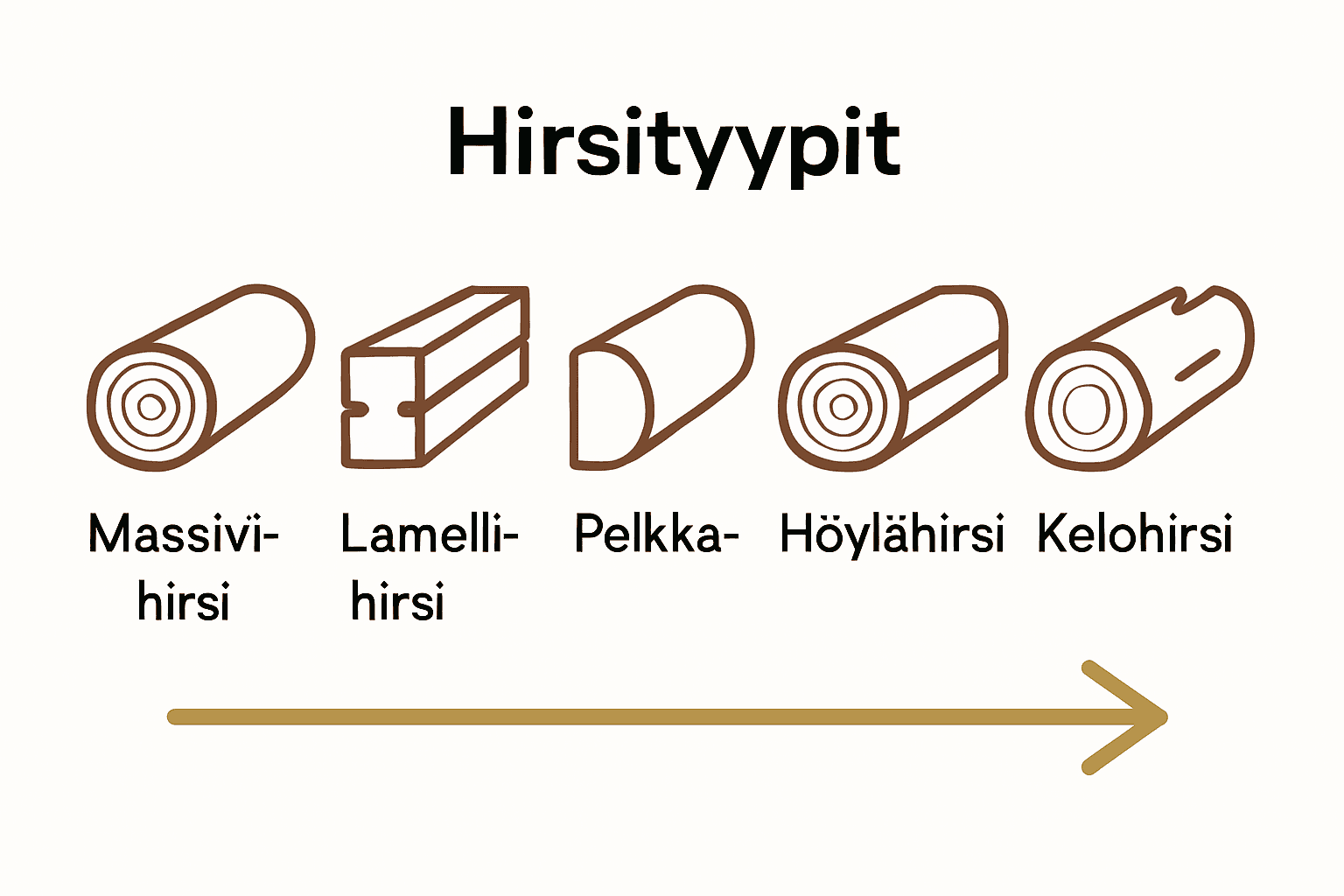 Infografiikka viidestä tärkeästä hirsityypistä ja niiden eroista.