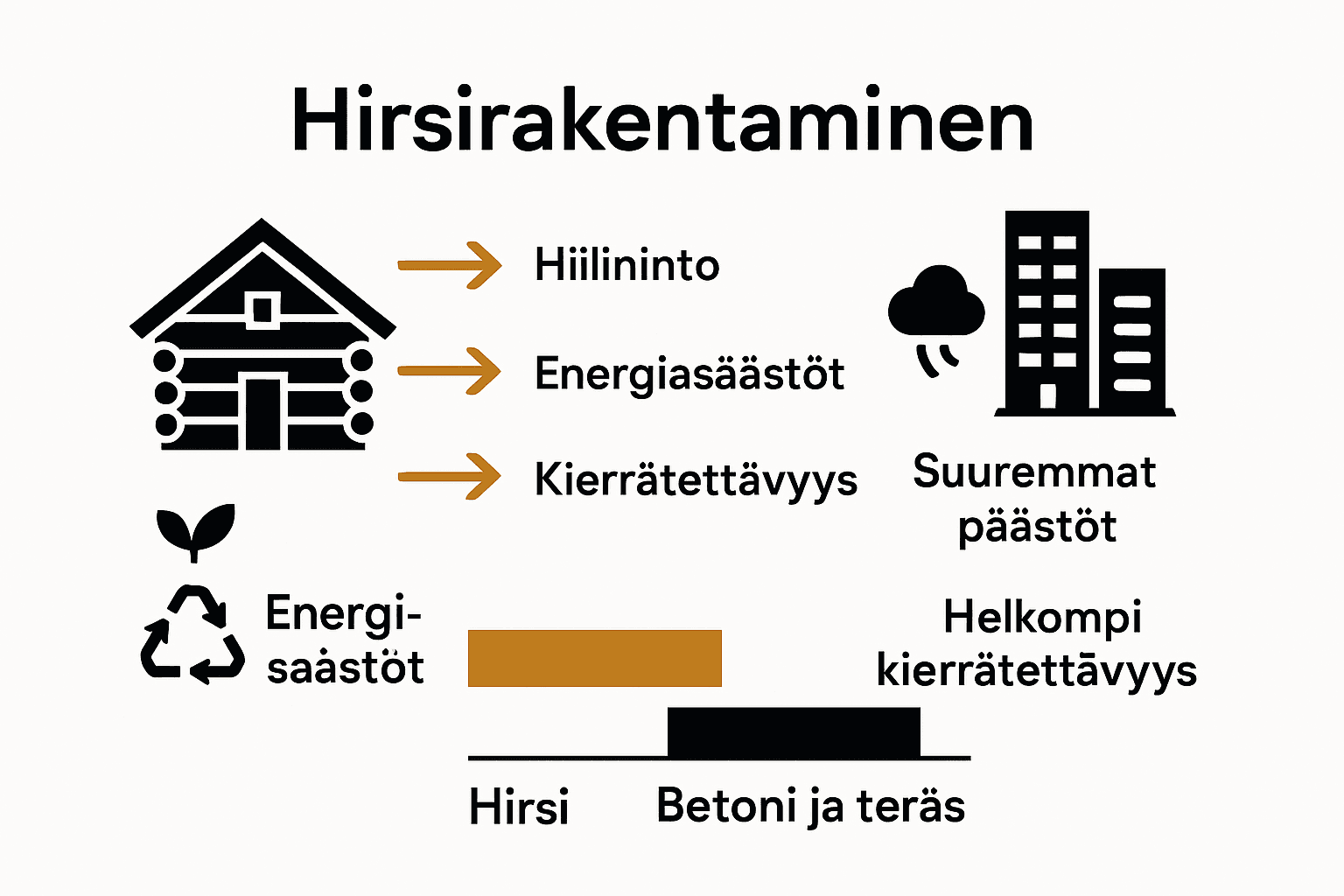 Infographic: hirsitalon ja betonirakennuksen ekologinen vertailu