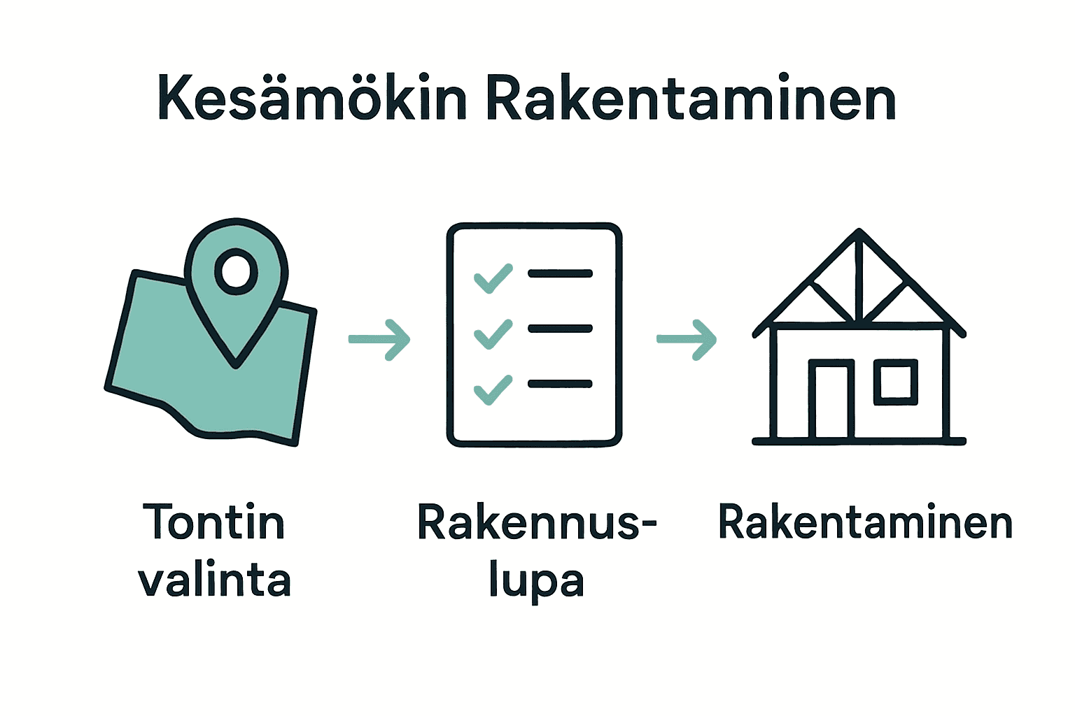 Rakennusprosessin vaiheet: tontin valinta, lupa, rakentaminen.